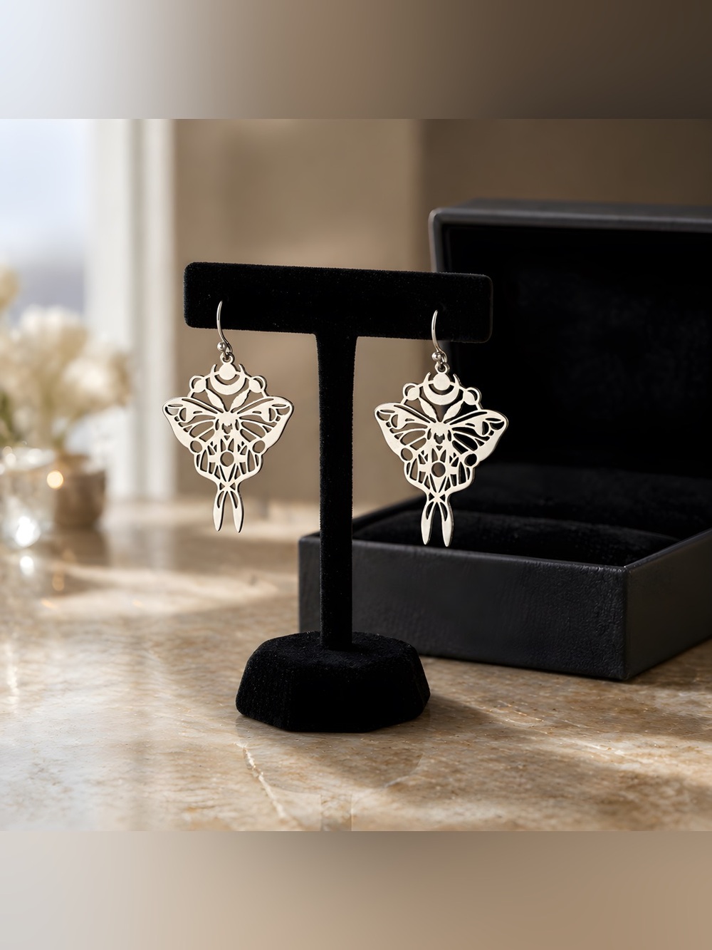 Silver Lunar Moth Filigree Drop Earrings - hypoallergenic hooks